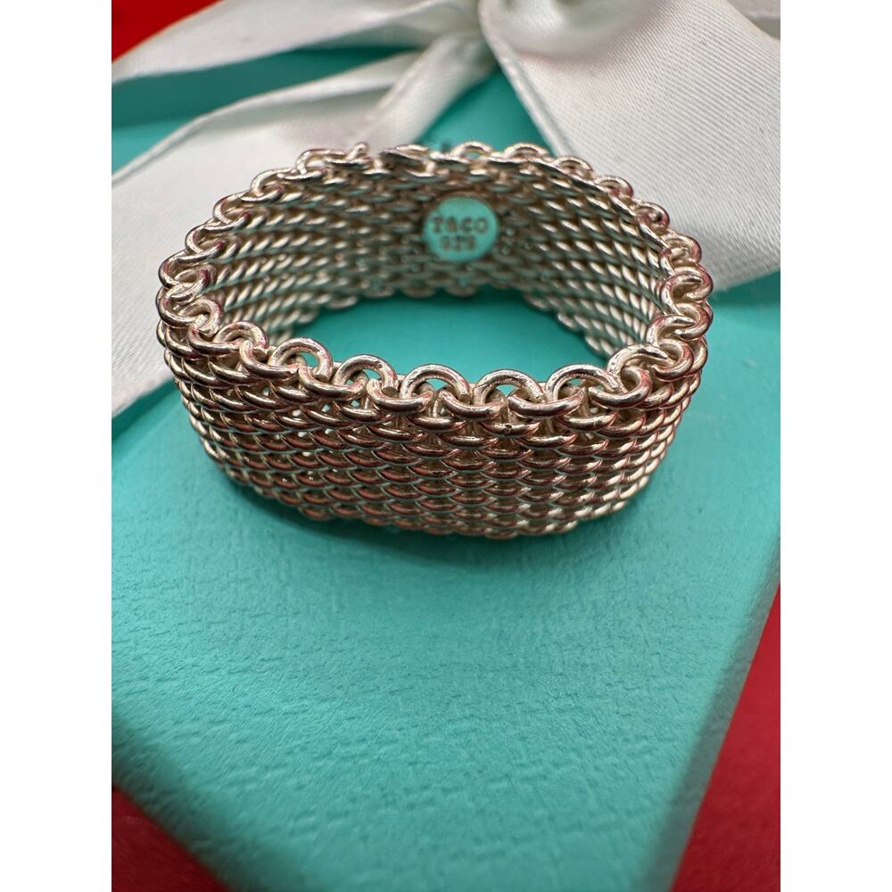 Tiffany & Co Somerset Sterling Silver Mesh Weave Ring Box, Bow And Card Sz 8 3/4 - Picture 5 of 8